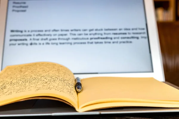 Blogger Concept Laptop Notebook Pen Table Cafe Selective Focus — 스톡 사진