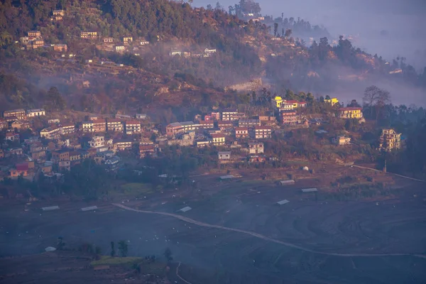 Traditional Nepali Village Mountains Covered Fog Sunrise — 스톡 사진