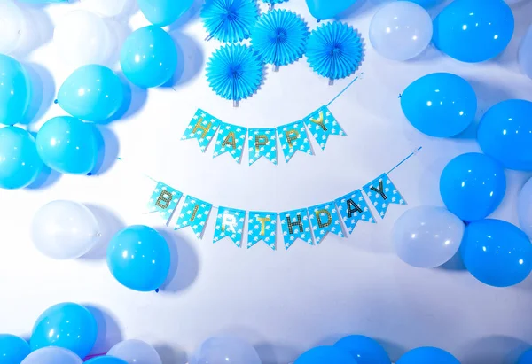 Feliz Cumpleaños Fondo Fiesta Pared Decorada Con Globos Colores Pegatina —  Fotos de Stock