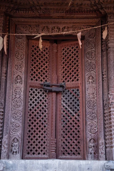 Detail Houtsnijwerk Van Hindoe Goden Beeldhouwwerken Oude Tempels Van Nepal — Stockfoto
