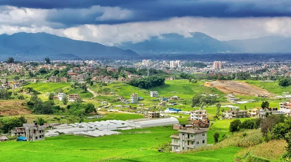 Green Farm Land Field Kathmandu City Backdrop Cloudy Day — Stock Photo, Image