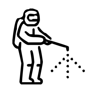 Kişisel koruyucu ekipmanlı bir adam dezenfektan ikon vektör çizimi püskürtüyor