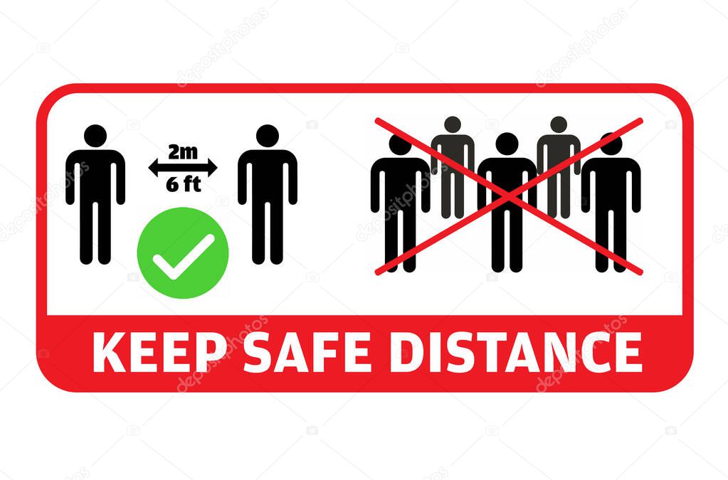 Colorful Social Distancing Message. Keep a safe distance, avoid groups and gatherings, practice 2 meters or 6 feet distance from others. vector illustration