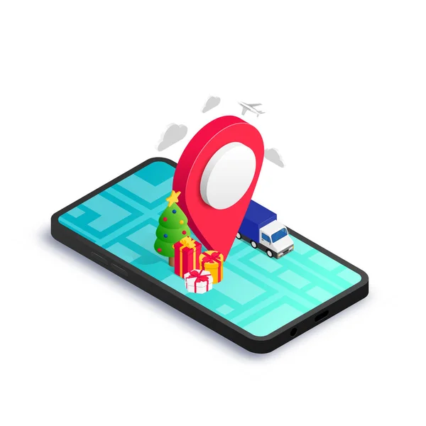 Christmas Gift delivery isometric concept phone — Stock Vector