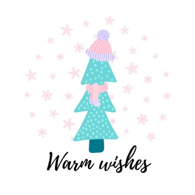 Sıcak Dilekler Sevimli bir el Şapka ve eşarpla çizilmiş köknar