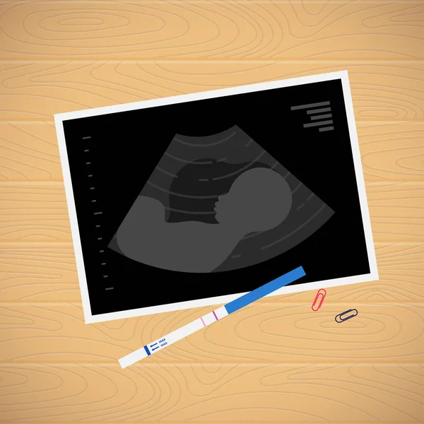 Baby ultrasound picture, pregnancy test on table — 스톡 벡터