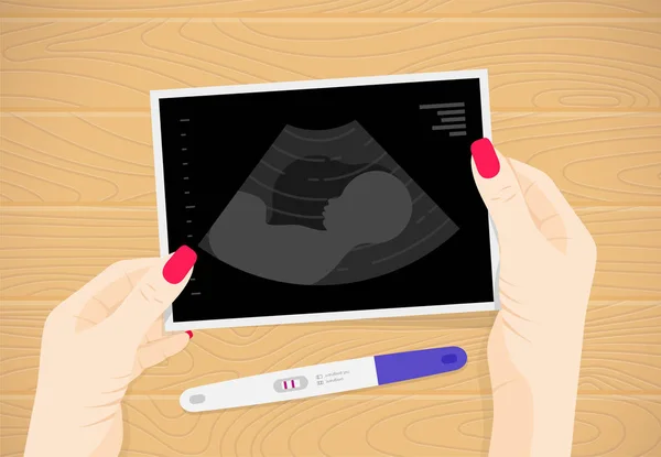 Baby ultrasound picture in woman hands on table — 스톡 벡터