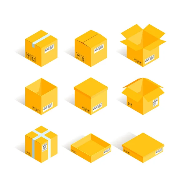 Set de caja de entrega amarilla isométrica — Vector de stock