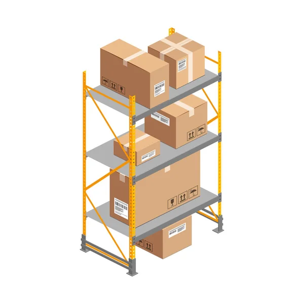 Isométrico armazém cremalheira caixas de papelão —  Vetores de Stock