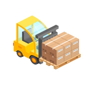 Isometric Forklift truck pallet with boxes