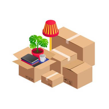 Isometric taşınma konsepti kutu mobilya yığını
