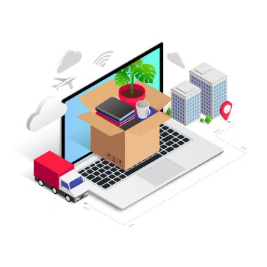 Dizüstü bilgisayarda yer değiştirme servisi izometrik konsept kutusu