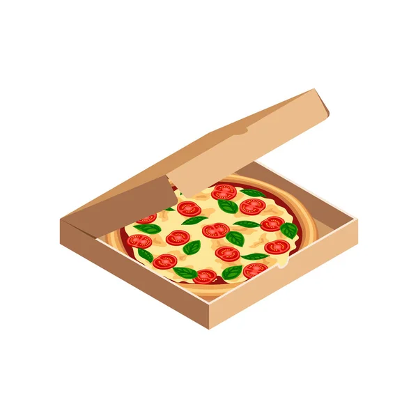 Sabrosa pizza margherita en caja isométrica — Vector de stock