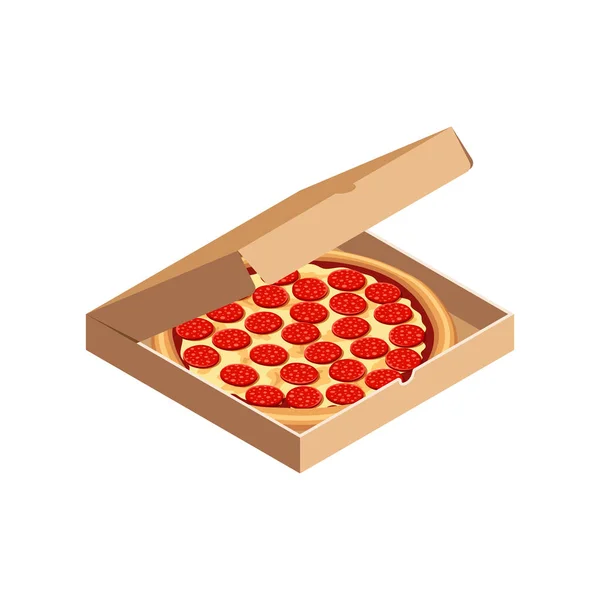 Pizza gustoasă pepperoni în cutie izometrică — Vector de stoc