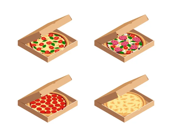 Tasty pizza in box set isometric — Stock Vector