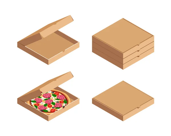 Pizza Box Isometric Set Closed Opened Food Container Stack Boxes — Stock Vector