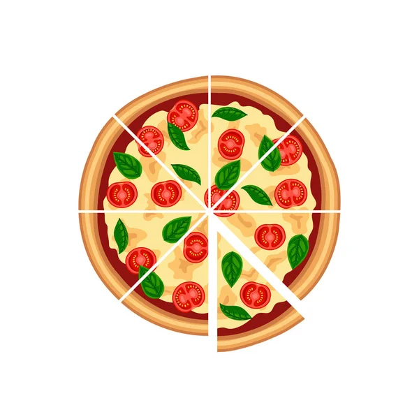 Ízletes Szeletelt Pizza Margherita Paradicsommal Sajttal Bazsalikom Tetejére Néző Elszigetelt — Stock Vector