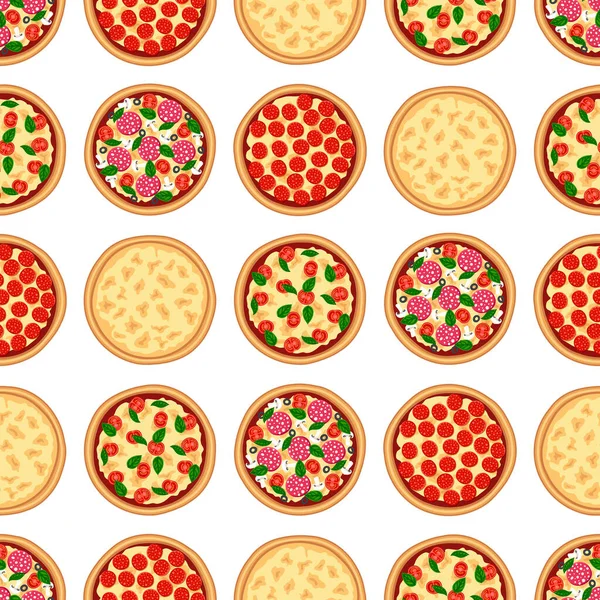 Flache Pizza Nahtlos Muster Italienische Fast Food Margherita Peperoni Vier — Stockvektor