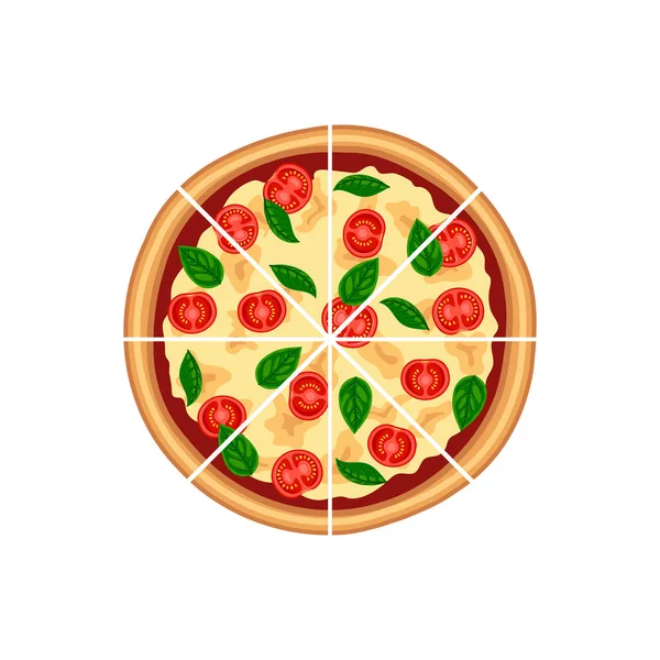 Ízletes Szeletelt Pizza Margherita Paradicsommal Sajttal Bazsalikom Tetejére Néző Elszigetelt — Stock Vector