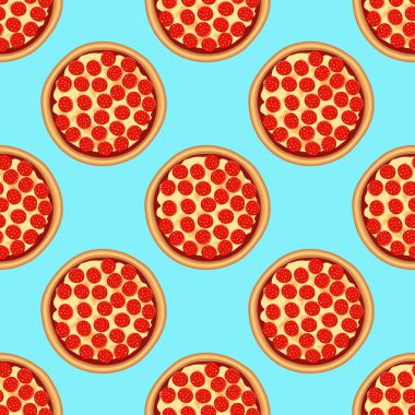 Sosisli sucuklu pizza, mavi arka planda peynir. Fast food kusursuz desen. Baskı, kağıt, mutfak tasarımı, kumaş, kafe dekorasyonu, paket menüsü, reklamlar için soyut doku. Vektör illüstrasyonu