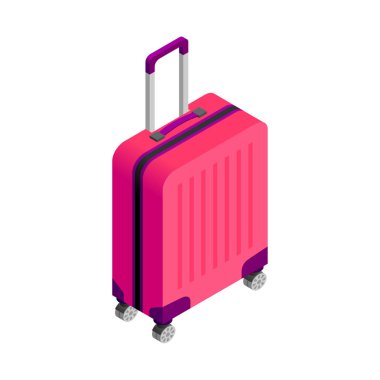 Beyaz arka planda izole edilmiş tekerlekli pembe plastik bavul. 3D seyahat valizi. Uygulama, tasarım, reklam, web için vektör illüstrasyonu
