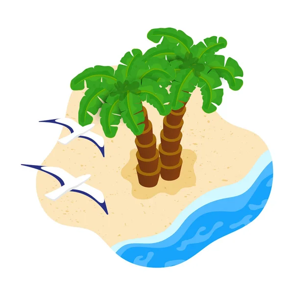 Isométrique Deux Palmiers Mouettes Sur Plage Sable Toropique Vacances Été — Image vectorielle