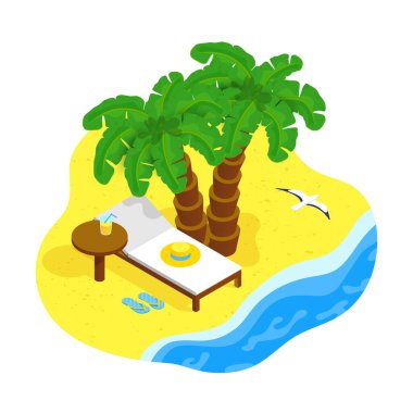 Isometric deniz kıyısı konsepti. Palmiye ağaçları, plaj şezlongları, meyve suyu dolu masa, toropik kumsalda martı. Yaz tatili, denizdeki ya da okyanustaki cennette dinlenmek. Vektör illüstrasyonu