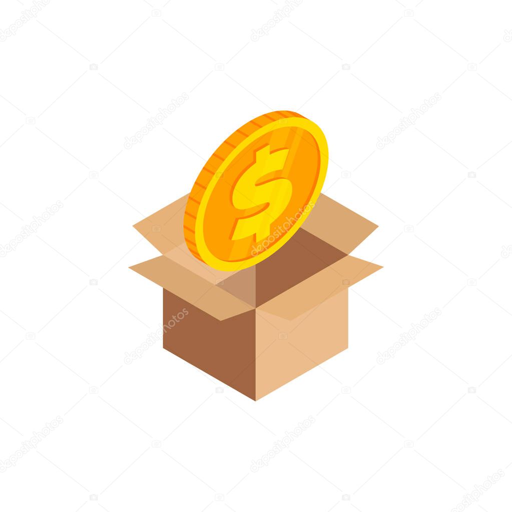 Isometric gold coin with dollar symbol, 3d money icon in open cardboard box isolated. Donate money, charity, save money concept. Vector Illustration design, infographic, web, app, ad