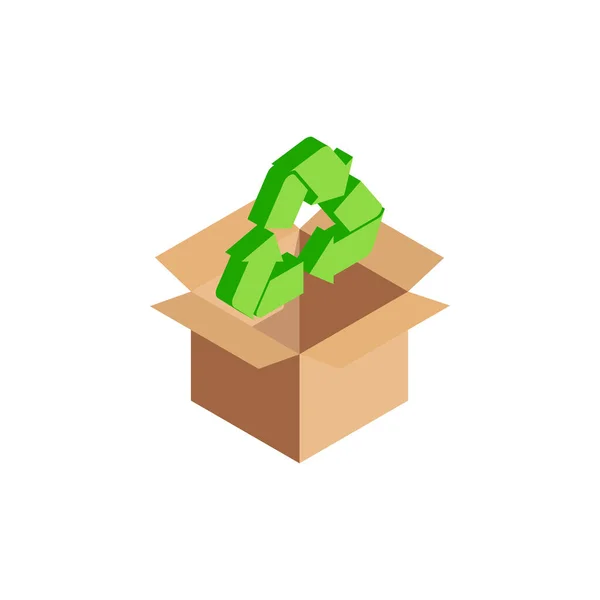 Isometric Green International Recycling Symbol Waste Processing Icon Open Cardboard — Stock Vector