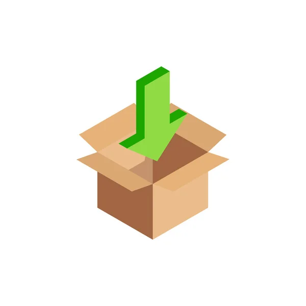 Isometrische Download Icoon Groene Pijl Naar Beneden Symbool Open Kartonnen — Stockvector