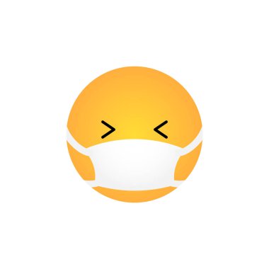 Kahkaha Kawaii simgesi, beyaz arka planda izole edilmiş tıbbi maskeyle. Corona virüs koruma konsepti. Sosyal medya sohbeti, web, bilgi grafikleri ve uygulamalar için Emoji düz tasarım. Vektör illüstrasyonu
