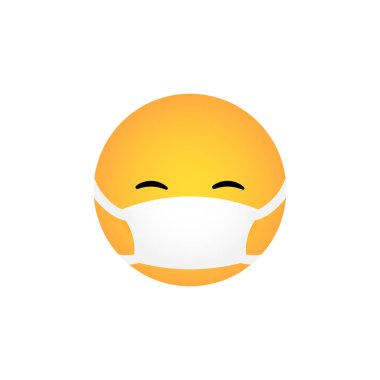 Beyaz arka planda izole edilmiş tıbbi maskeyle gülen Kawaii simgesi. Corona virüs koruma konsepti. Sosyal medya sohbeti, web, bilgi grafikleri ve uygulamalar için Emoji düz tasarım. Vektör illüstrasyonu
