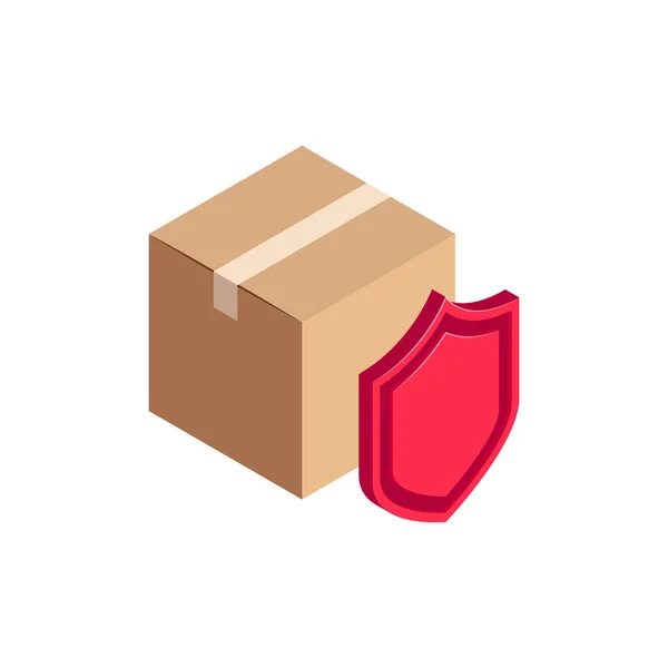 Ícone Proteção Logística Isométrica Caixa Papelão Atrás Símbolo Escudo Isolado — Vetor de Stock