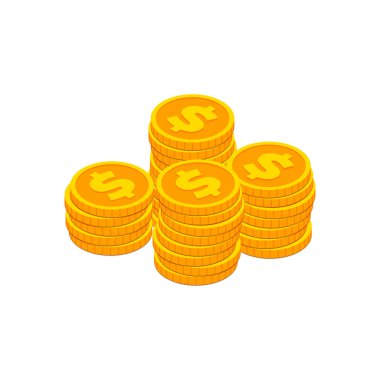 Dolar işaretli büyük Isome altın sikkeleri. Beyaz arka planda izole edilmiş 3D altın para sembolü. Bankacılık, iş, internet için finansal konsept, uygulamalar, bilgi grafikleri. Vektör illüstrasyonu