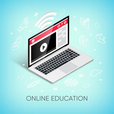 Çevrimiçi eğitim izometrik bayrak konsepti. Ekranda video dersi, simgeler ve metin içeren 3D laptop. E-öğrenim, eğitim kursları, çevrimiçi okul ve üniversite vektör illüstrasyonu