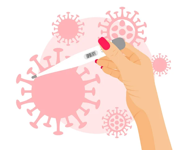 Gejala Infeksi Coronavirus Termometer Medis Elektronik Menunjukkan Derajat Celcius Tangan - Stok Vektor