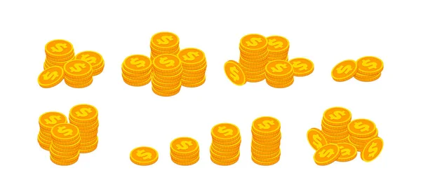 Monedas Oro Isométricas Con Conjunto Pila Signos Dólar Pila Dinero — Vector de stock