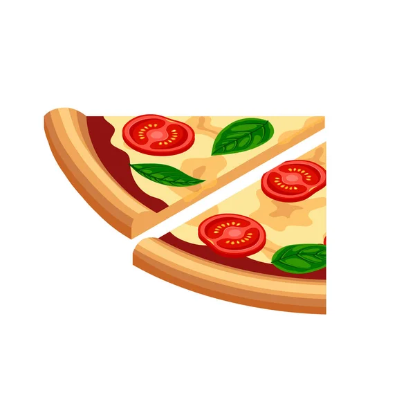 トマトとピザマルゲリータのアイソメトリックスライス チーズ 白の背景に隔離されたバジル 3D伝統的なイタリアのファーストフードアイコン ウェブ メニューデザイン アプリのためのフラットベクトルイラスト — ストックベクタ
