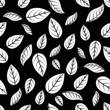 Çiçek yapraklı siluet, pürüzsüz desen. Baskı, kağıt, tasarım, kumaş, dekor, ambalaj, duvar kağıdı ve reklamlar için siyah arkaplan dokusu üzerine beyaz yapraklar. Vektör illüstrasyonu