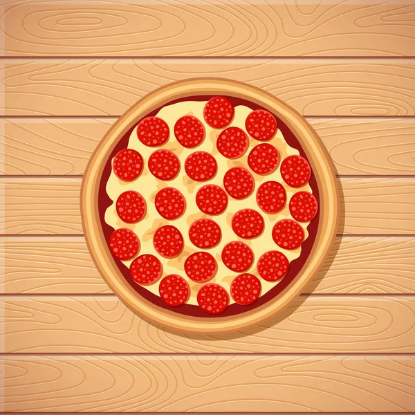 ソーセージとおいしいペパロニピザ 木製のテーブルの背景にチーズトップビュー フラット伝統的なイタリアのファーストフードアイコン ウェブ メニューのベクトル図 — ストックベクタ