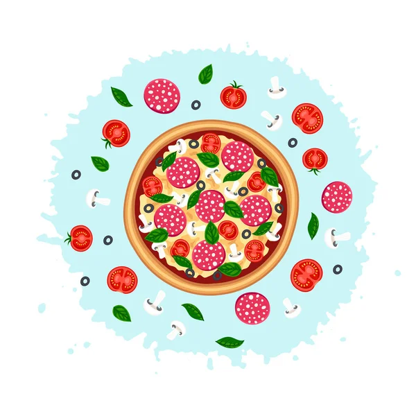 味比萨饼 西红柿 罗勒顶部视图与配料周围的油漆飞溅背景 应用的矢量说明 — 图库矢量图片