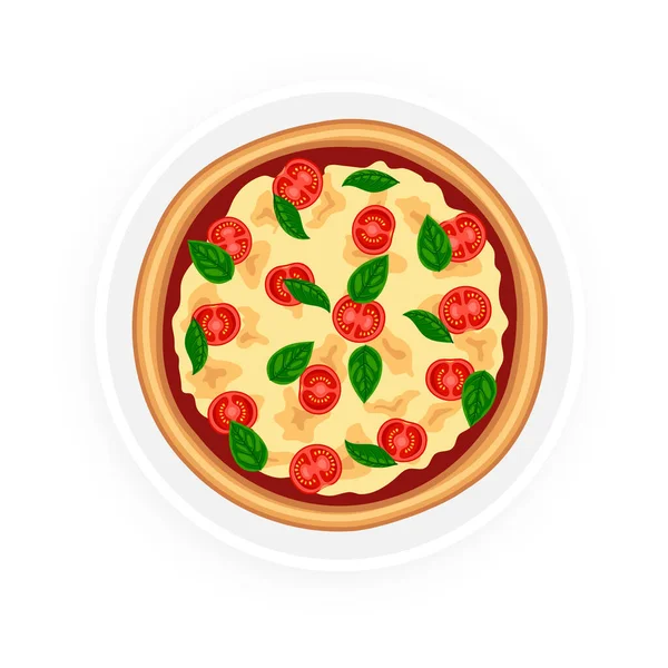 味道鲜美的比萨饼 加西红柿 在白盘上尽收眼底 扁平意大利传统快餐图标 菜单的矢量插图 — 图库矢量图片