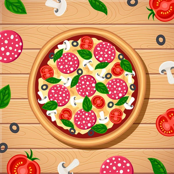 带有配料的比萨饼在木制桌子的背景上俯瞰四周 平面的意大利传统快餐特写图片 — 图库矢量图片