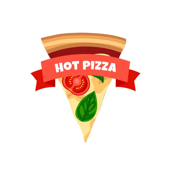 Slice Pizza Ribbon Logo Hot Margherita Tomato Cheese Basil Top — Stock Vector