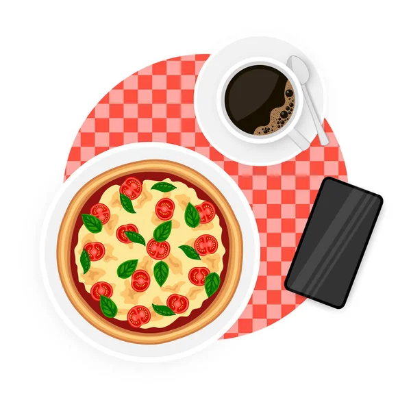 Biznesowy Lunch Kawiarni Smaczna Pizza Margherita Filiżanką Kawy Espresso Smartfonem — Wektor stockowy