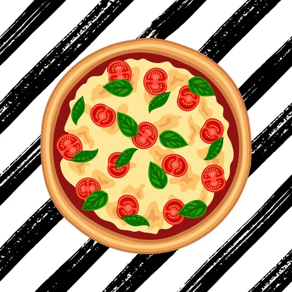 Hot Pizza Margherita Tomato Cheese Basil Top View Striped Brush — Stock Vector