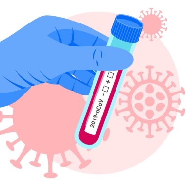 Coronavirus kan testi tıbbi konsepti. Düz cam test tüpü, doktor elinde kan örneği olan matara. 2019-nCoV Corona virüsü analiz ediyor. Vektör illüstrasyonu