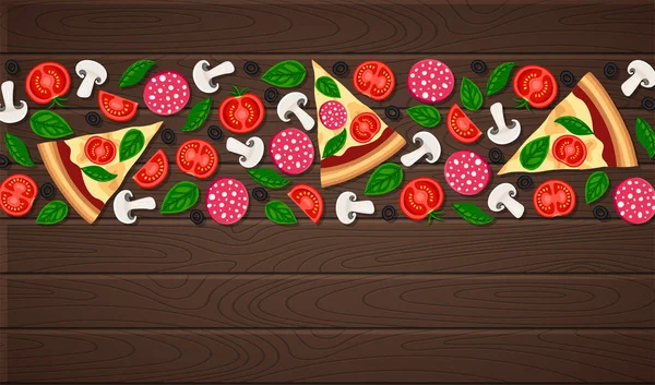 Rodajas Pizza Ingredientes Sobre Fondo Texturizado Madera Oscura Frontera Alimentos — Vector de stock