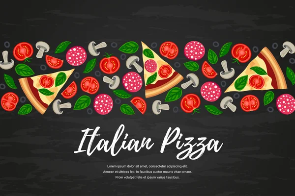Rebanadas Pizza Ingredientes Texto Sobre Fondo Texturizado Negro Frontera Alimentos — Vector de stock