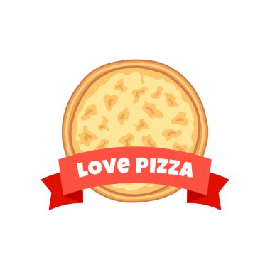 Beyaz arka planda izole edilmiş şeritli dört peynirli pizzayı severim. Düz lezzetli geleneksel İtalyan fast food konsepti. Web, reklam, menü için vektör illüstrasyonu